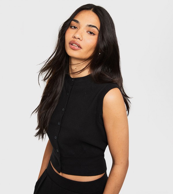 Ribbed Button Through Sleeveless Crop Top