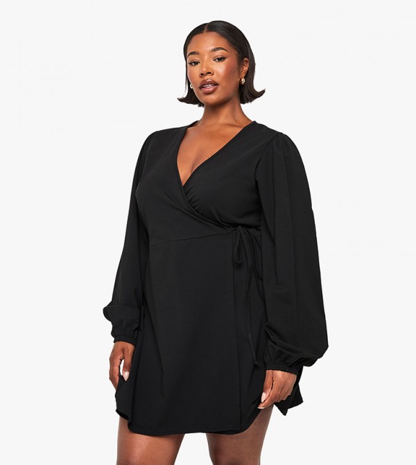 Curve Balloon Sleeves Wrap Mini Dress