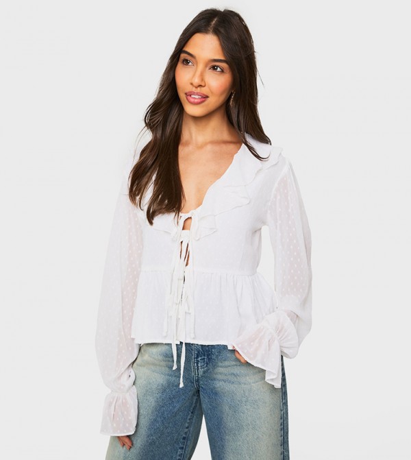 Dobby Mesh Tie Ruffle Top