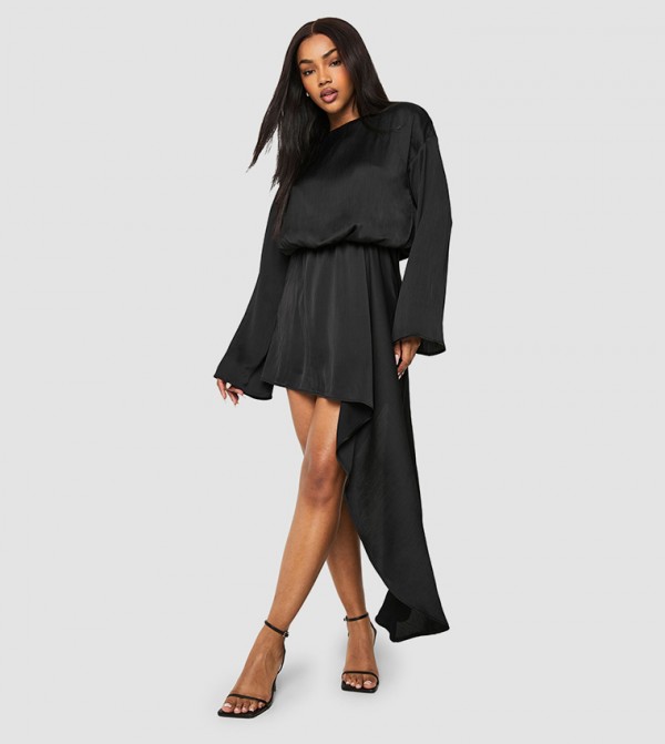 Boat Neck Blouson Drape Mini Dress