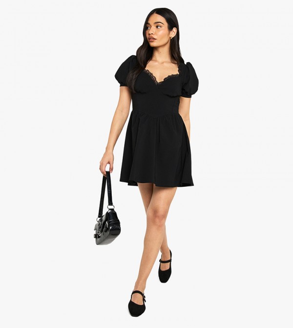 Bengaline Lace Trim Puff Sleeves Mini Dress