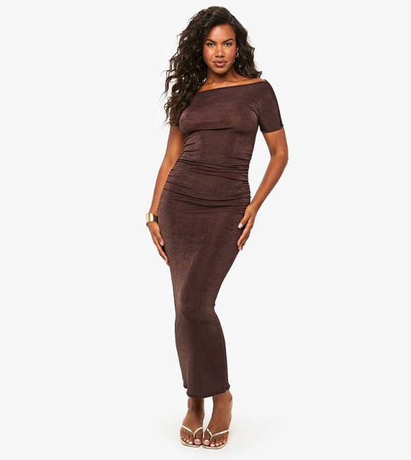 Accetate Slinky Draped Neck Ruched Midi Dress