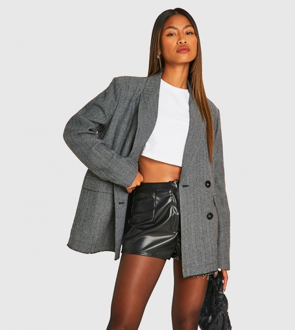 Herringbone Frayed Hem Oversized Double Breasted Blazer