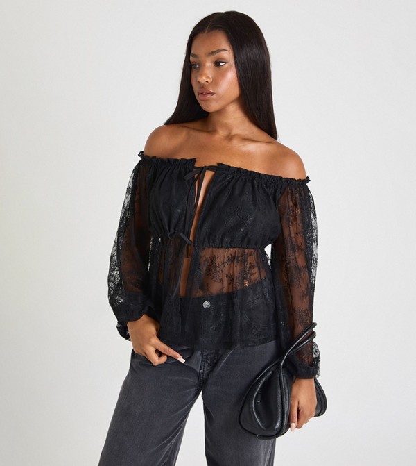 Lace Bardot Tie Front Top