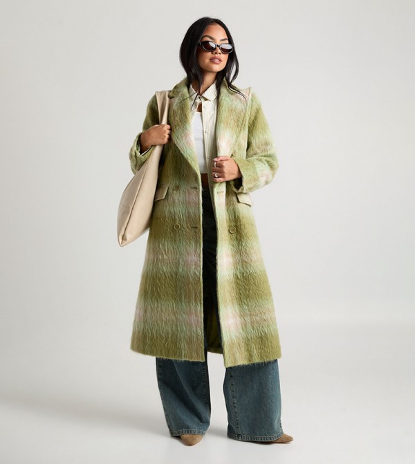 Plaid Double Breasted Wool Look Oversized Coat