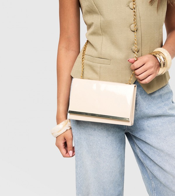 Patent Structured Hardware Detail Clutch Bag with Sling