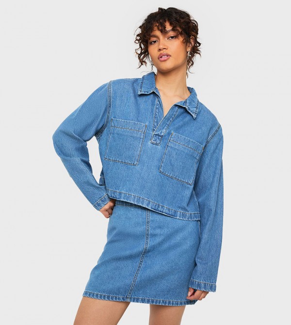 Washed Long Sleeves Denim Rugby Shirt