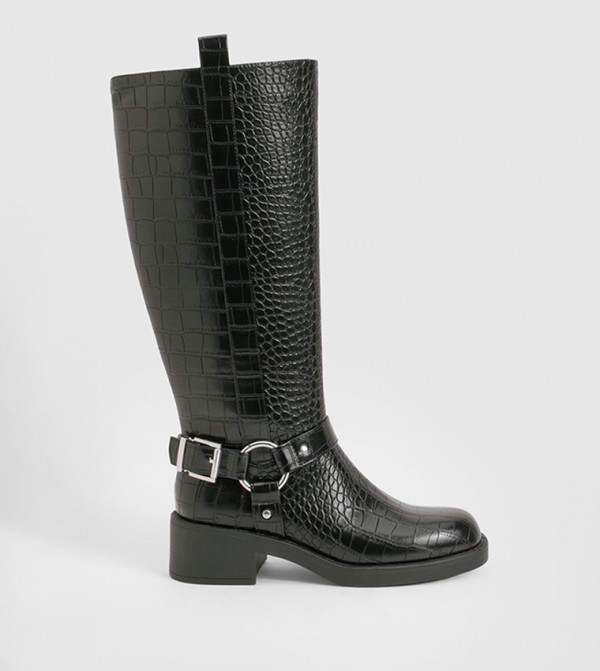 Chunky Square Toe Knee High Boots