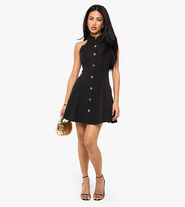 Gold Button Tailored Sleeveless Shirt Mini Dress