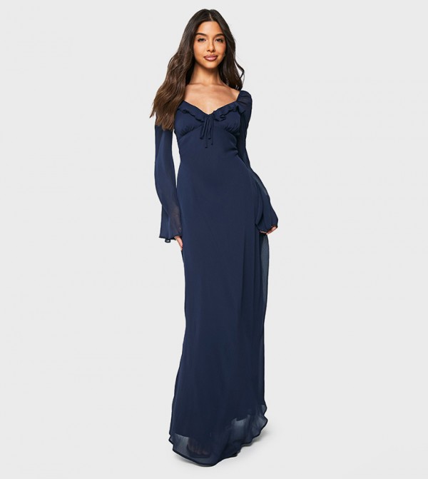 Chiffon Plunge Ruffle Maxi Dress