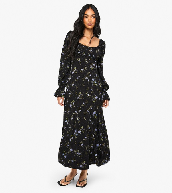 Floral Print Milkmaid Godet Hem Midaxi Dress