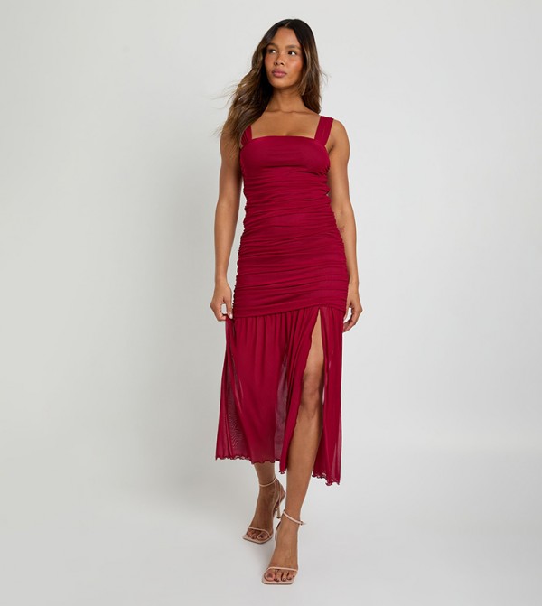 Mesh Square Neck Drop Waist Midaxi Dress