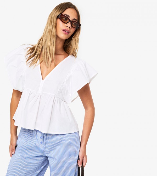 Ruffled V-Neck Smock Crop Top