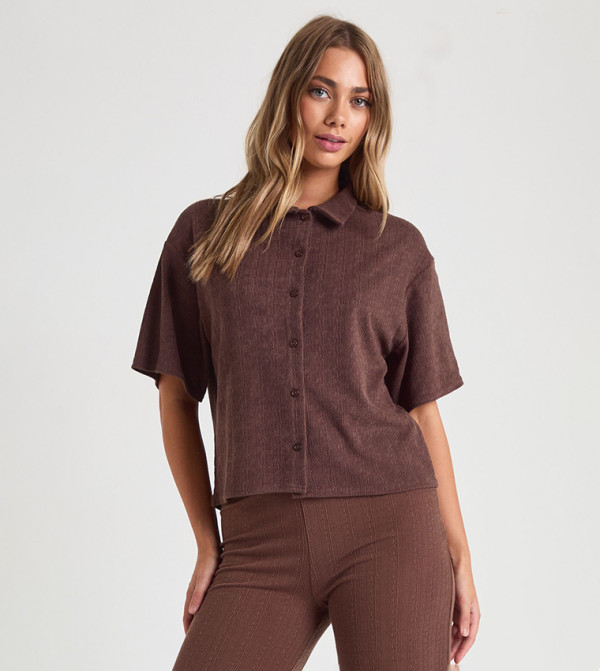 Crinkle Textured Button Through Collar Shirt