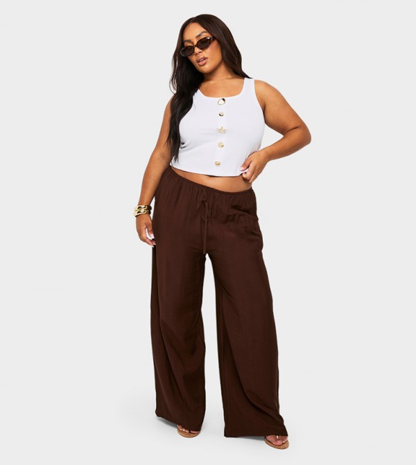 Curve Woven Drawstring Waist Wide Leg Trousers