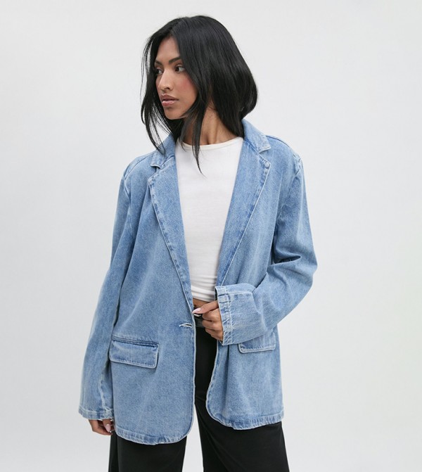 Faded Lapel Collar Oversized Denim Blazer