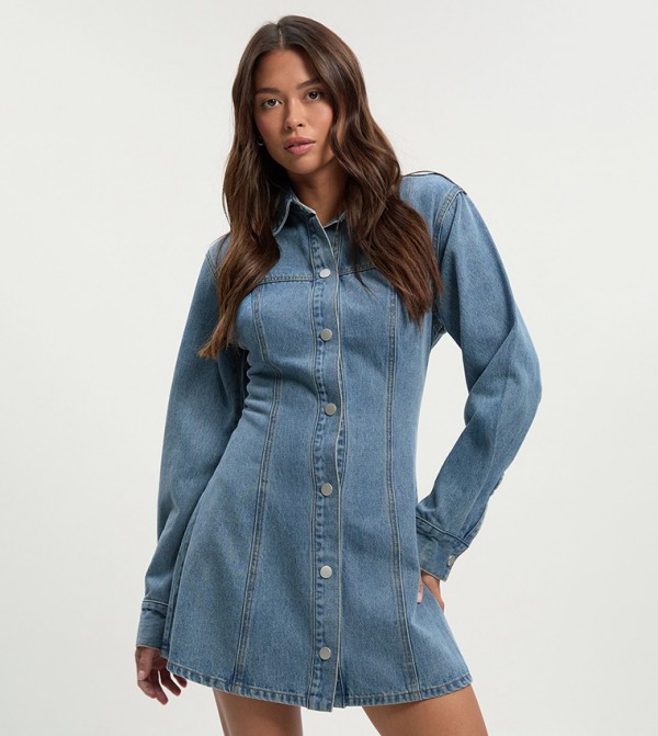 Cinched Waist Long Sleeves Denim Shirt Dress