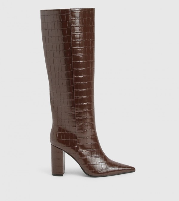 Croc Block Heel Column Knee High Boots