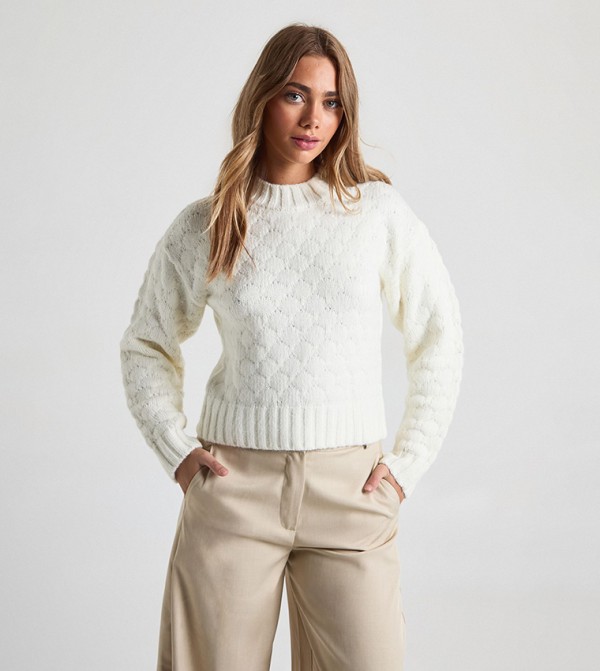 Chunky Textured Knit Crew Neck Boxy Fit Sweater