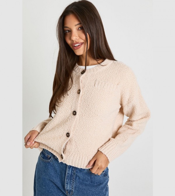 Boucle Knitted Button Front Pocket Detail Cardigan
