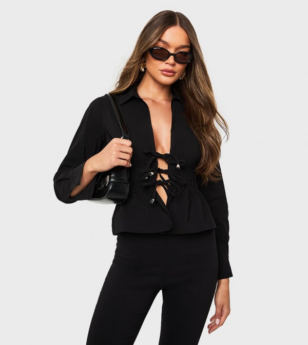 Ruched Waist Tie Front Long Sleeves Top