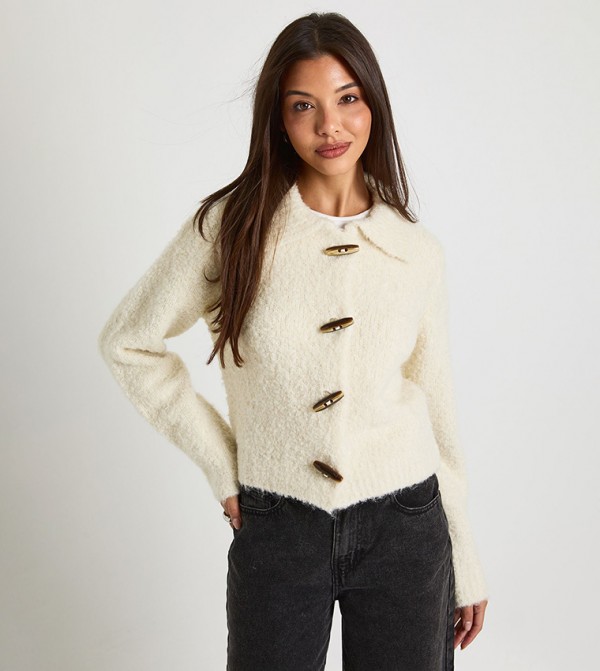 Chunky Boucle Knit Toggle Button Knitted Cardigan