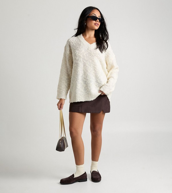 Textured Knit V-Neck Oversized Sweater