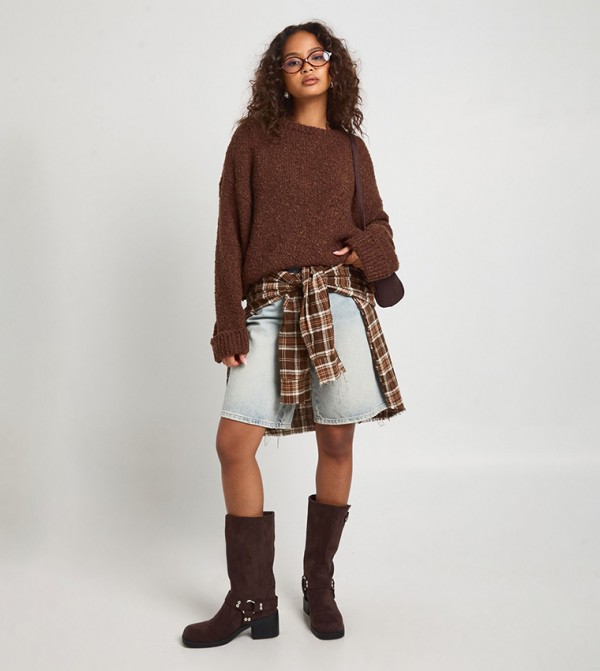 Boucle Fold Over Cuff Detail Oversized Sweater