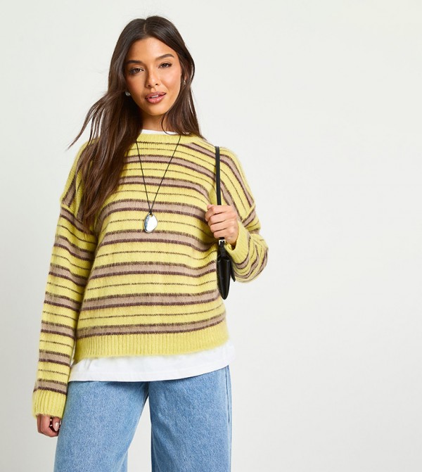 Brushed Knit Striped Crew Neck Oversized Sweater