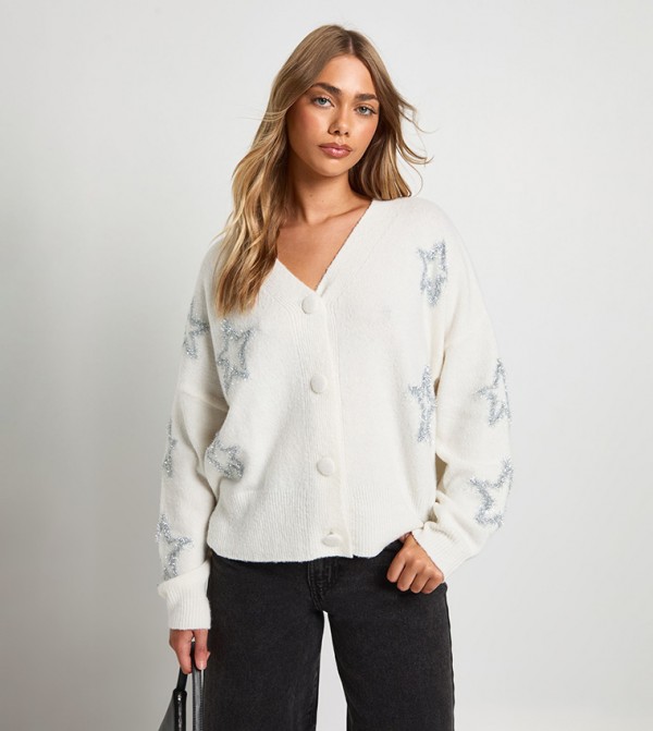 Star Tinsel Print Oversized Knitted Cardigan