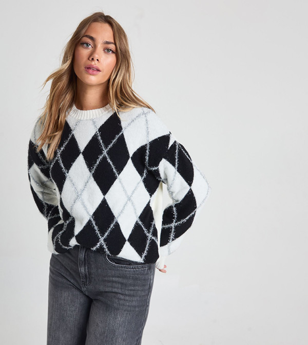 Glitter Argyle Print Crew Neck Oversized Sweater