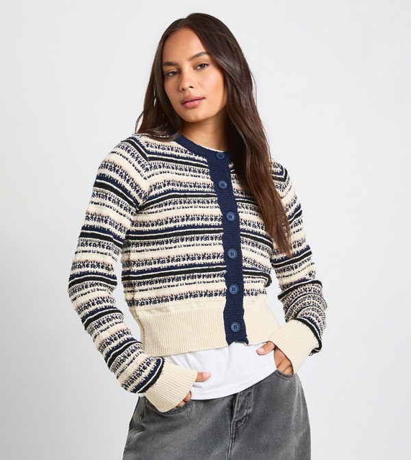 Textured Knit Striped Long Sleeves Cardigan