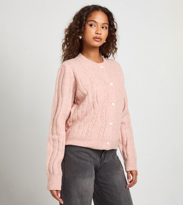 Pearl Detail Cable Knit Crew Neck Cardigan