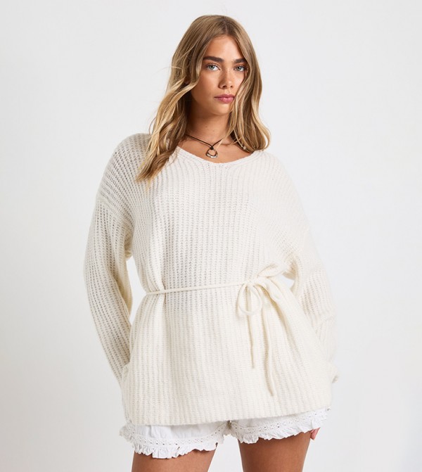 Tie Waist Detail Slouchy V-Neck Sweater