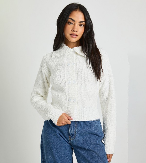 Textured Knit Collared Button Down Cardigan