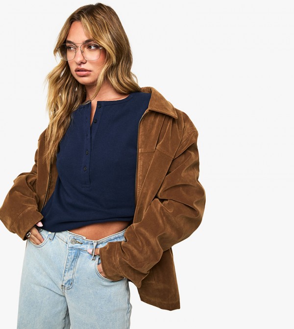 Henley Button Front Long Sleeves Crop Top