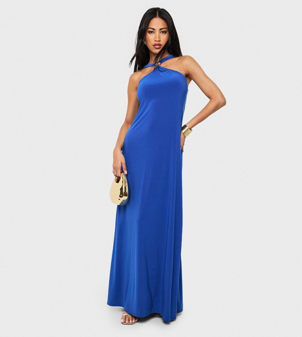 Gold Trim Halterneck Maxi Dress
