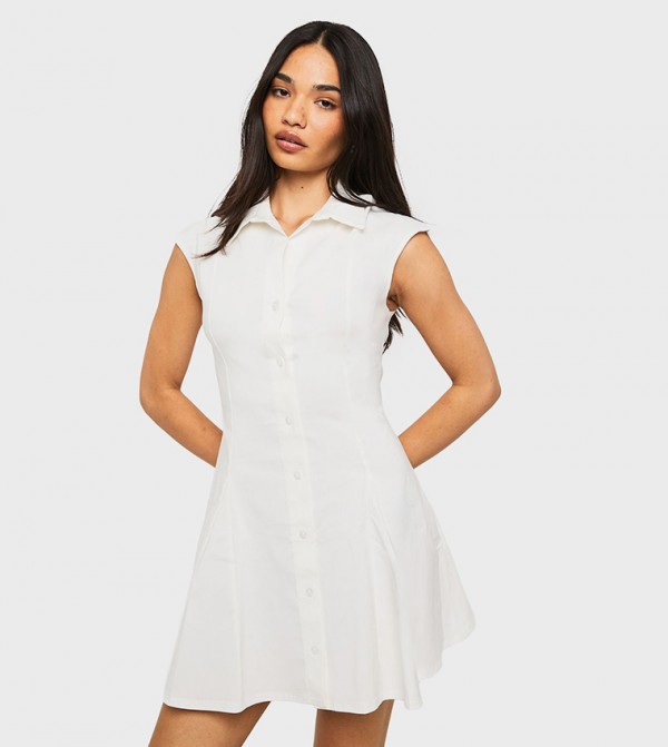 Cap Sleeves Button Down A-Line Shirt Mini Dress
