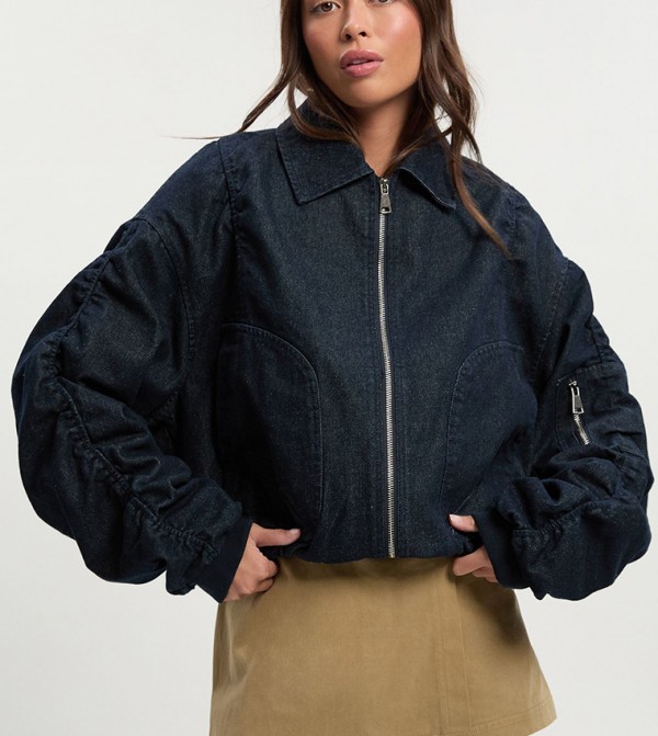 Ruched Sleeves Denim Bomber Jacket