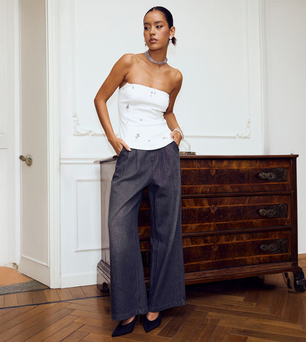 High Waist Supersoft Belted Pleated Wide Leg Jeans