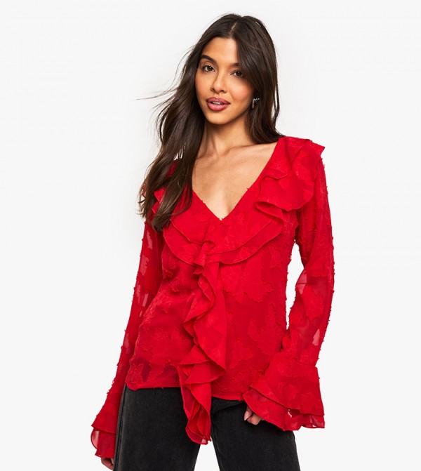 Textured Long Sleeves Ruffle Top