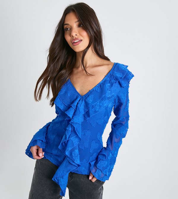 Textured Ruffle Long Sleeves Top