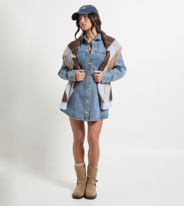 Petite Long Sleeves Cinched Waist Denim Dress