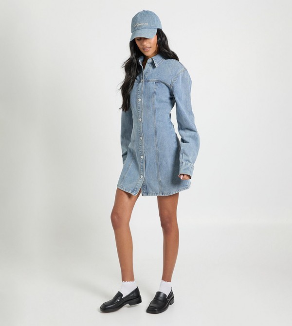 Tall Long Sleeves Cinched Waist Denim Dress