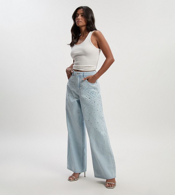 Petite Embellished High Waist Straight Fit Jeans