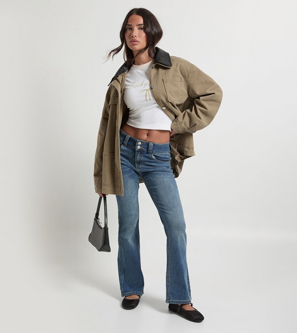 Petite Low Waist Double Button Flared Jeans