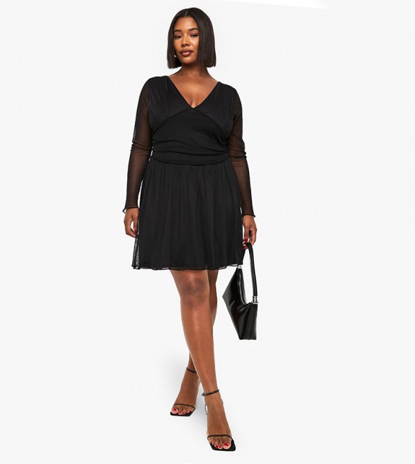 Curve Plunge Corset Detail Long Sleeves Skater Dress