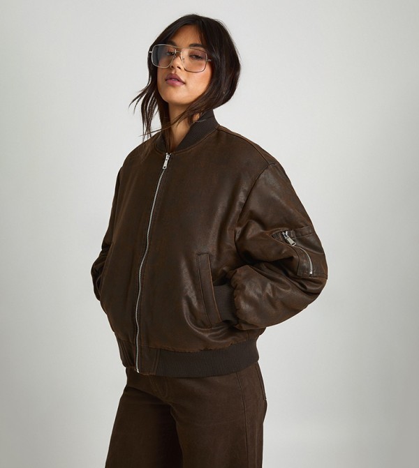 Vintage Look Faux Leather Oversized Bomber Jacket