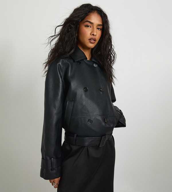 Faux Leather Short Trench Coat