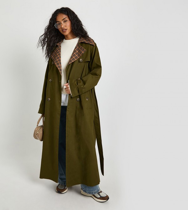Check Collar Detail Trench Coat